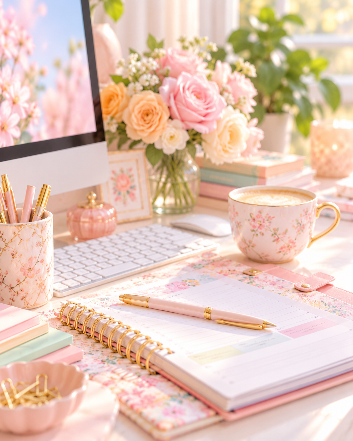 An open planner beside a latte