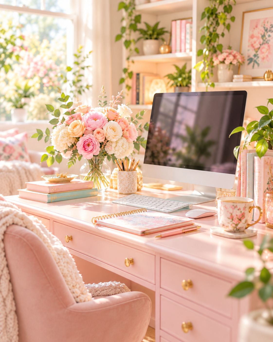 A soft pink desk by a sunny window with flowers and a planner