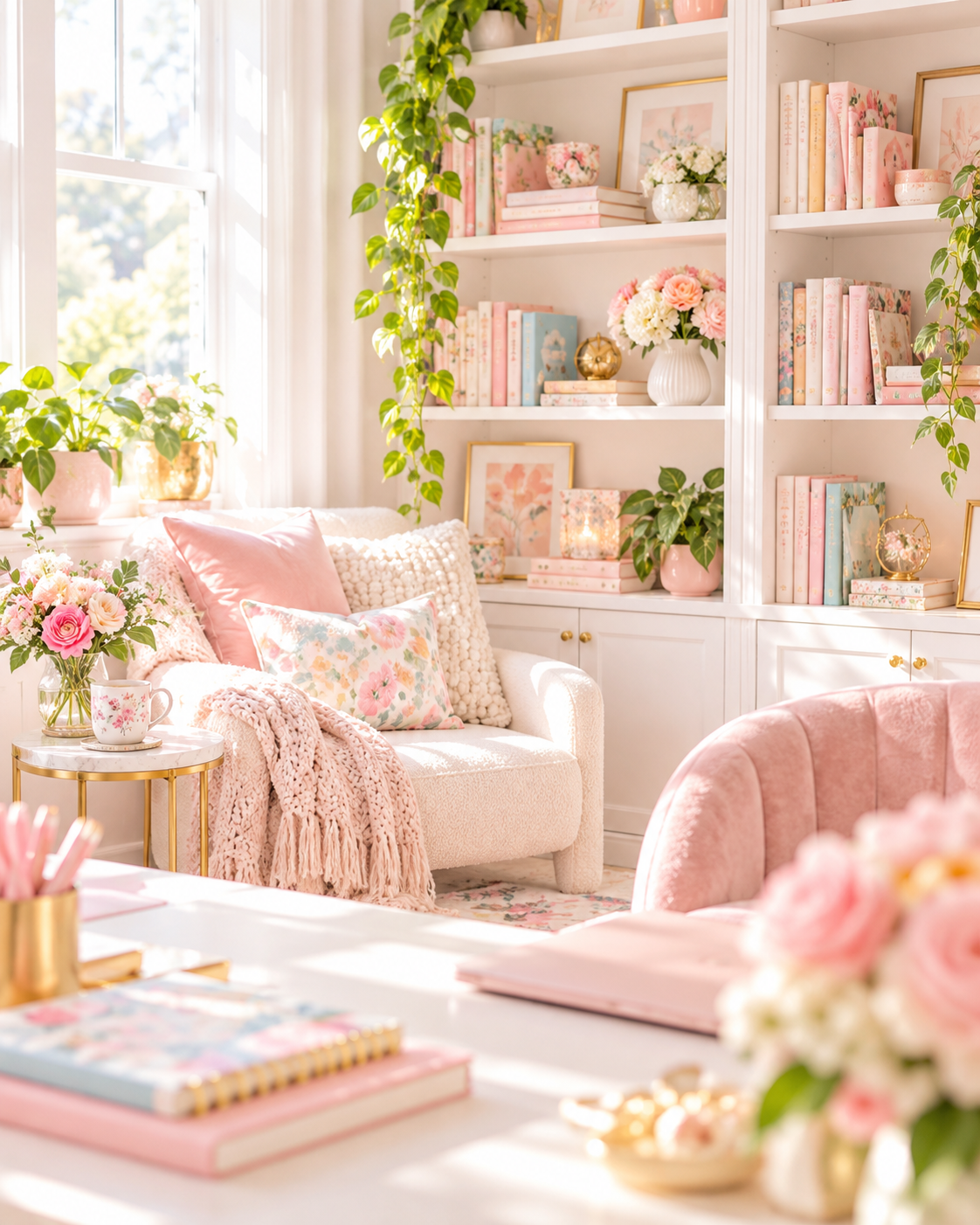 A calm reading nook with shelves